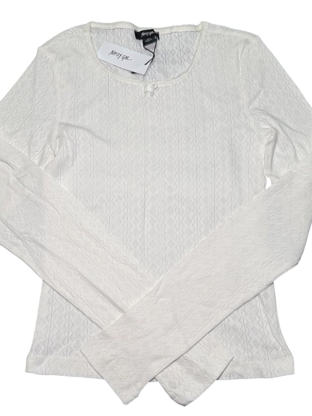 NWT Nasty Gal Y2K Coquette Preppy Pointelle Lace Trim Long Sleeve Top Size 4